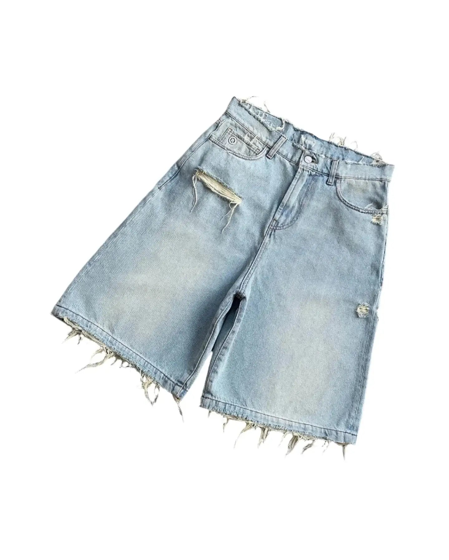 Light blue ripped jean shorts with frayed edges and visible zipper detail