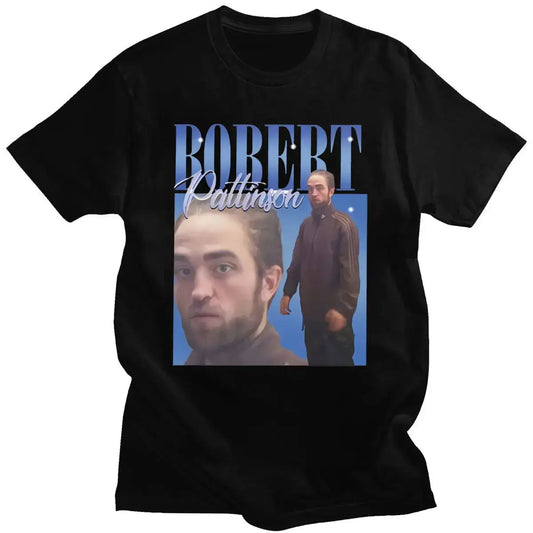 Black Robert Pattinson T Shirt featuring blue graphic design and images of a man