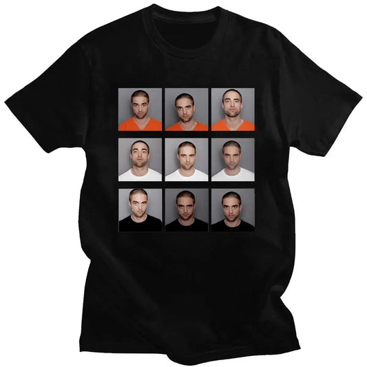 Black Y2K Robert Pattinson T-Shirt featuring a grid of nine mugshot-style portraits