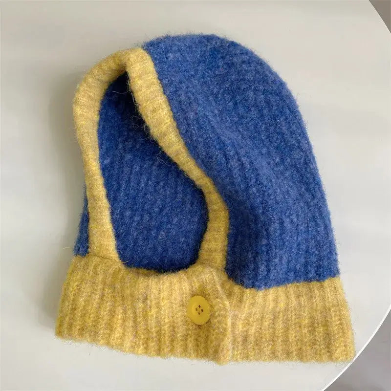 Knitted blue and yellow Scarf Balaclava with button closure in cotton blends, Y2K style