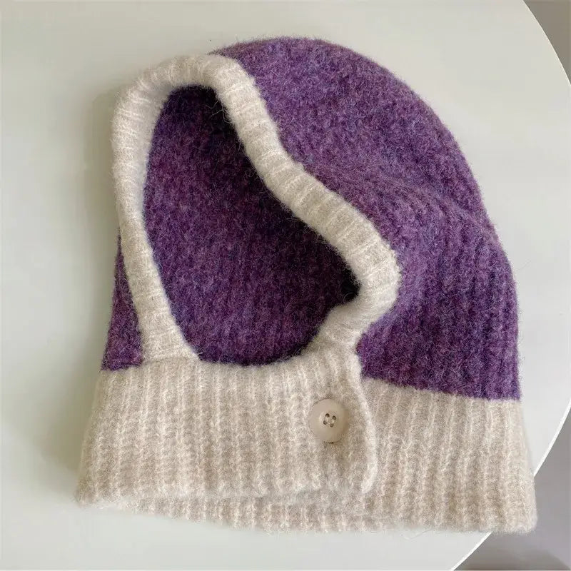 Purple and white knitted scarf balaclava with button closure in cotton blends