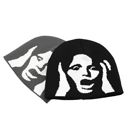 Knit Scream Beanie featuring a stylish black and white face design for Y2K fashion