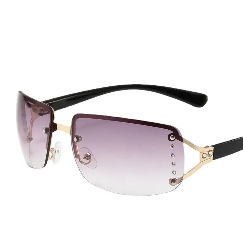 Rimless Shades Sunglasses with gradient purple lenses and rhinestones for a Y2K look