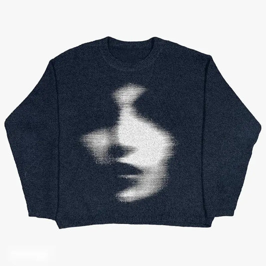 Navy blue Shadow Sweater featuring a ghostly white face design for Y2K fashion lovers