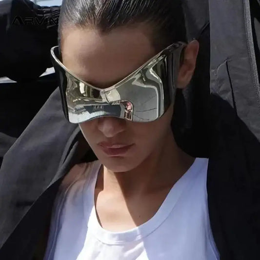 Futuristic metallic visor-style Shield Sunglasses perfect for Y2K fashion enthusiasts