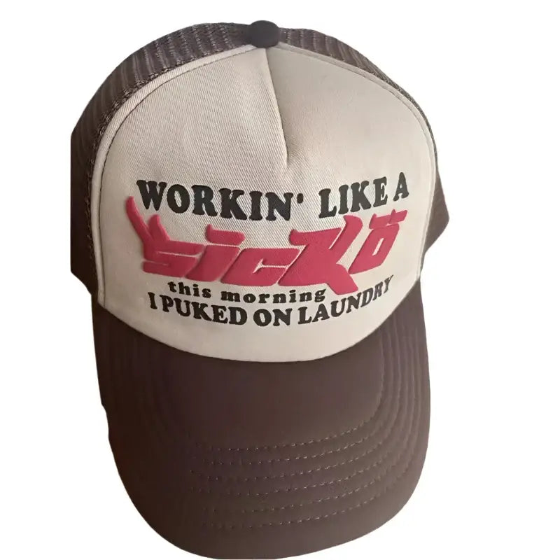 Trucker-style Sicko Hat with humorous laundry text, perfect for Y2K fashion fans