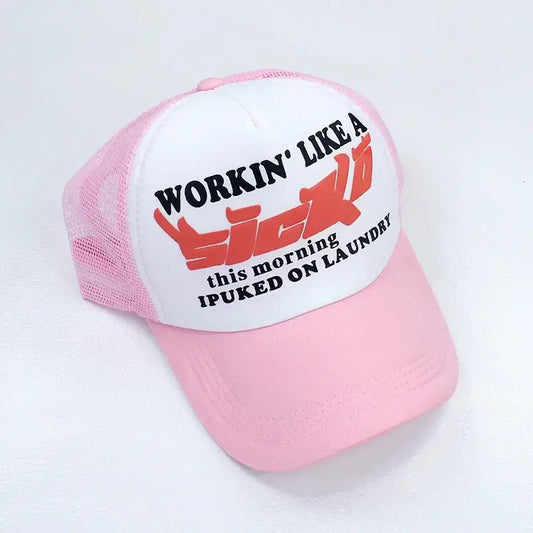 Pink and white Sicko Hat featuring a funny slogan, perfect for Y2K cap enthusiasts