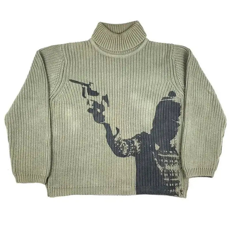 Knitted silhouette sweater featuring a unique design in classic turtleneck style