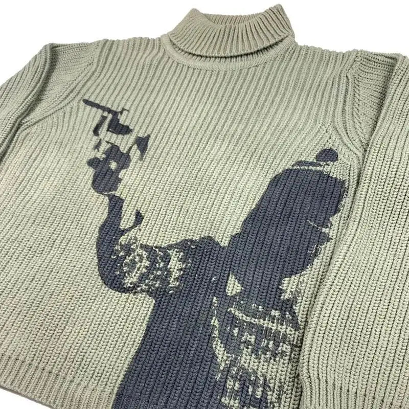 Beige silhouette sweater with dark design of a person holding a hammer in classic turtleneck