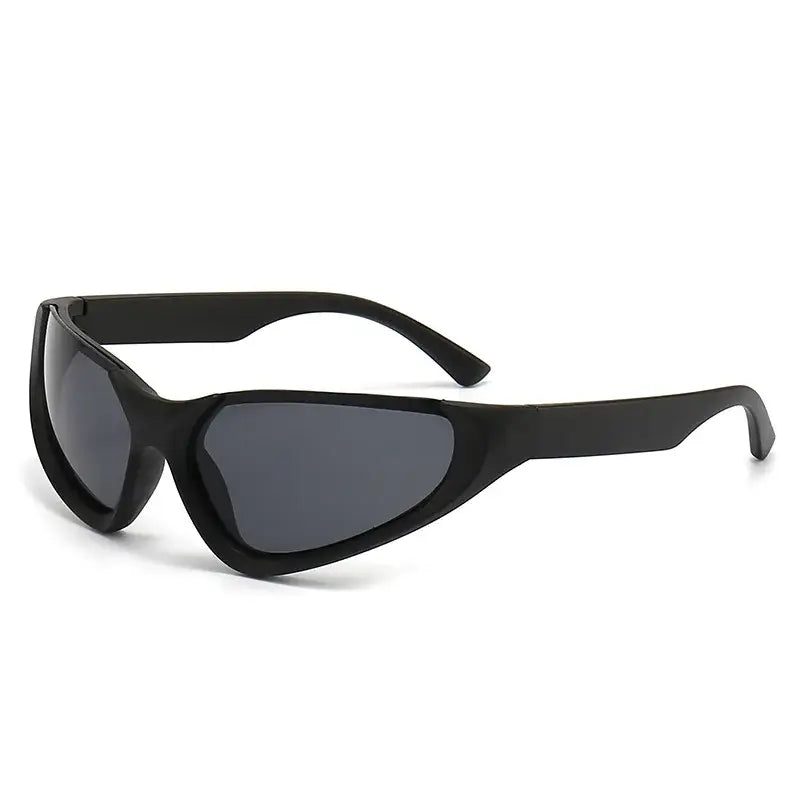 Black wrap-around sporty sunglasses with dark lenses from Silver Glasses Y2K