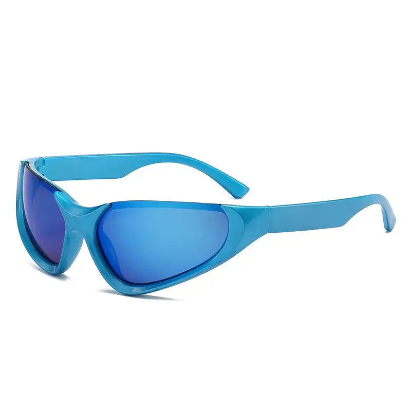 Blue sporty sunglasses with mirrored lenses from the Silver Glasses Y2K collection