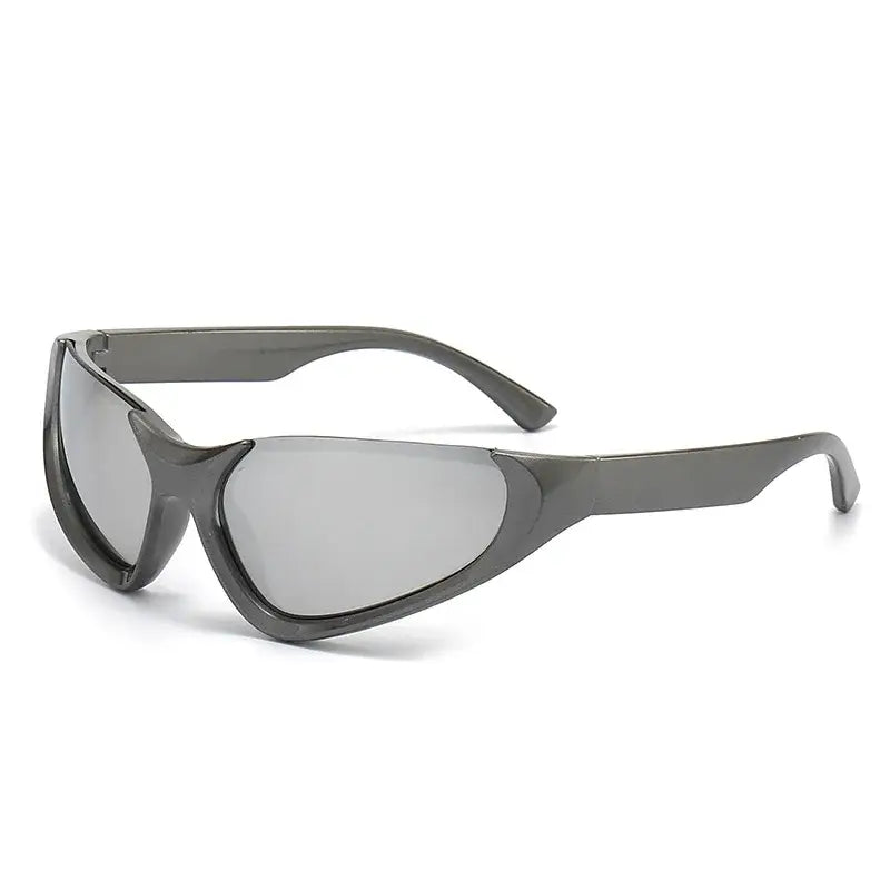 Sporty wraparound Silver Glasses Y2K with gray frames and mirrored lenses