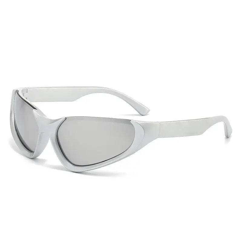 Pair of white wraparound Silver Glasses Y2K with stylish mirrored lenses