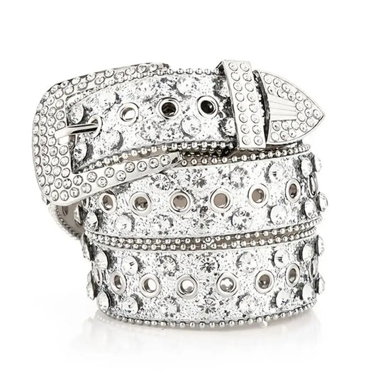 Ornate silver rhinestone belt featuring stunning rhinestones and decorative studs