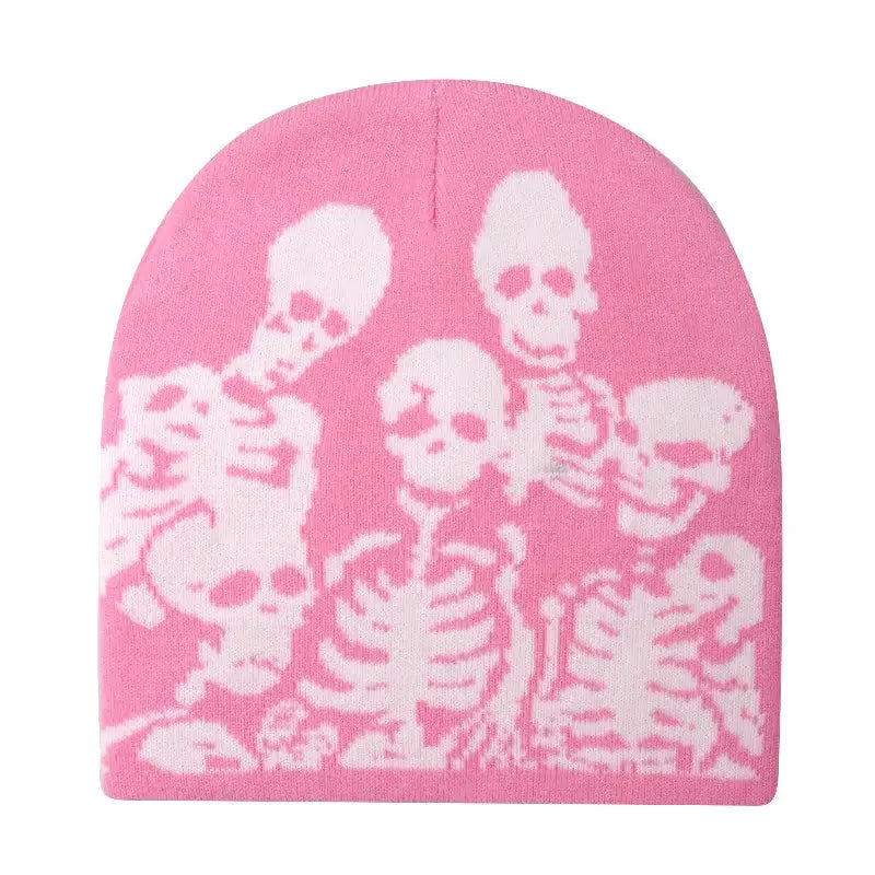 Pink Knit Skeleton Beanie Hat with White Skeleton Design for Y2K Style