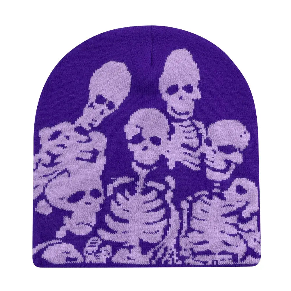 Purple knit Y2K beanie featuring light purple skeletons design for a trendy look