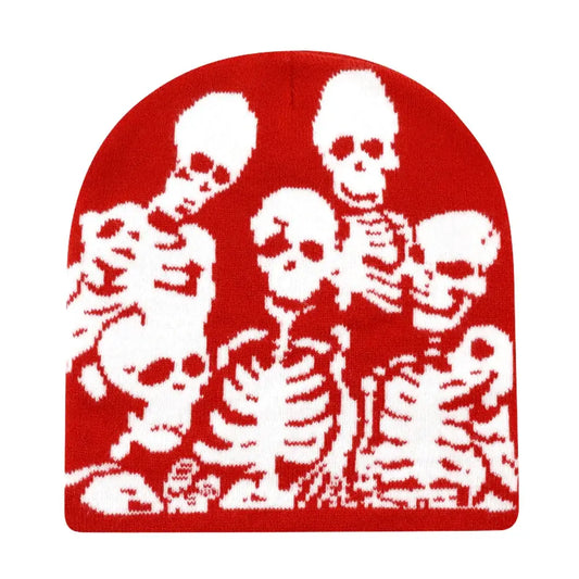 Red and white Skeleton Beanie with cartoon skeleton design for a stylish Y2K look