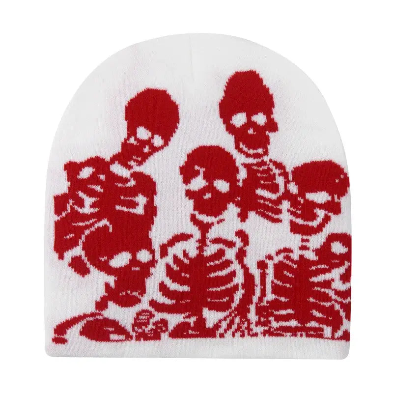 White Y2K beanie with red skeleton design featuring multiple grouped skeletons