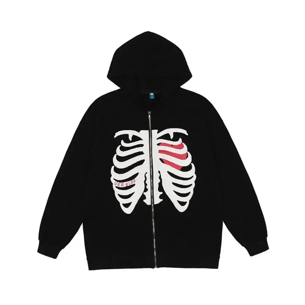 Black Skeleton Hoodie featuring a white ribcage design and red heart for Y2K fashion