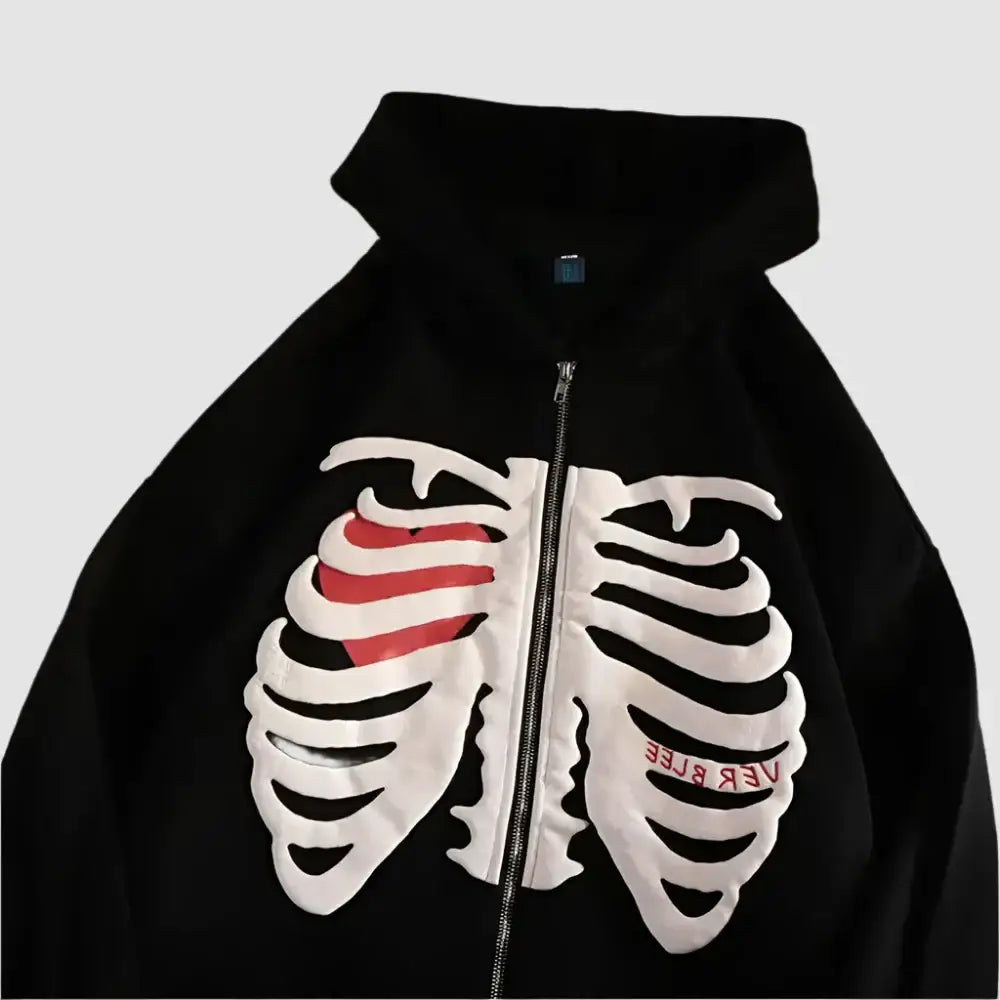 Black Skeleton Hoodie with white ribcage design and red accents, perfect for Y2K fashion