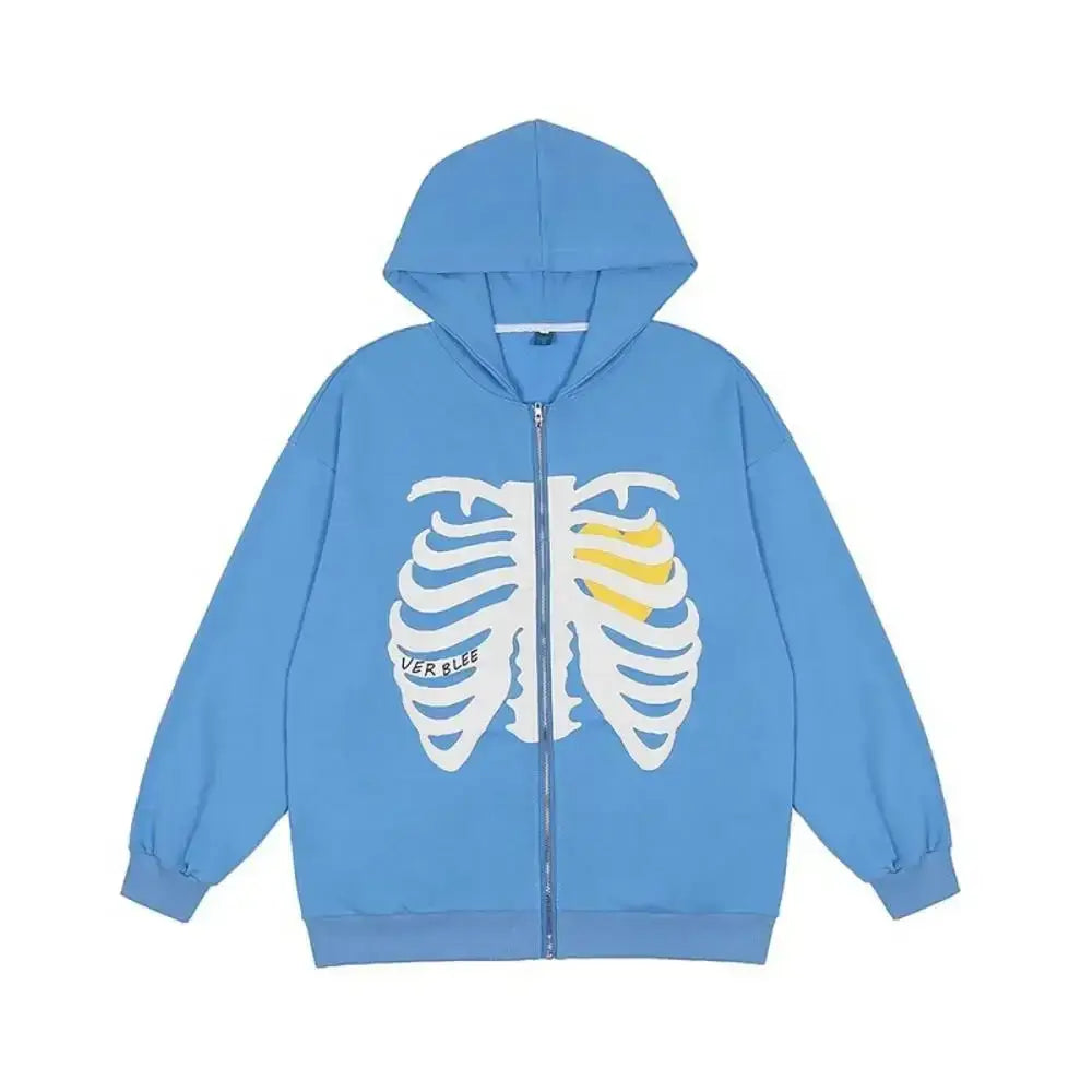 Blue Skeleton Hoodie with white and yellow ribcage design for Y2K fashion lovers