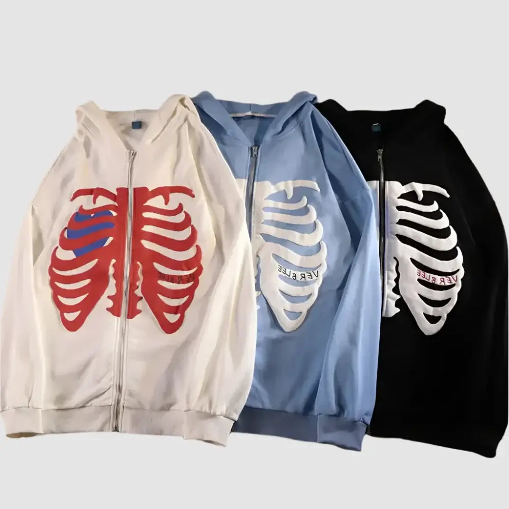 Three colorful Skeleton Hoodies featuring ribcage designs for y2k fashion lovers