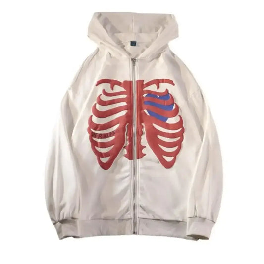 White zip-up Skeleton Hoodie featuring a vibrant red and blue ribcage design, Y2K fashion