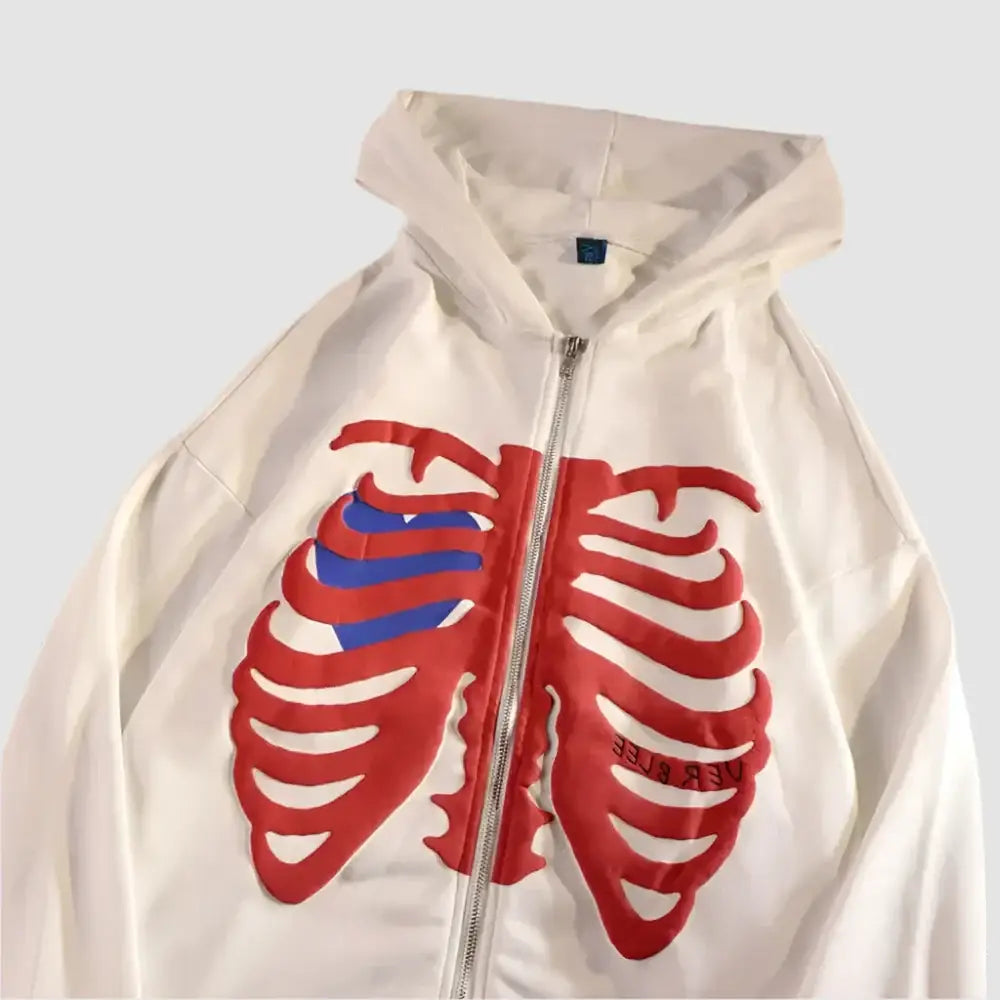 White Skeleton Hoodie featuring a red and blue ribcage design, ideal for Y2K fashion