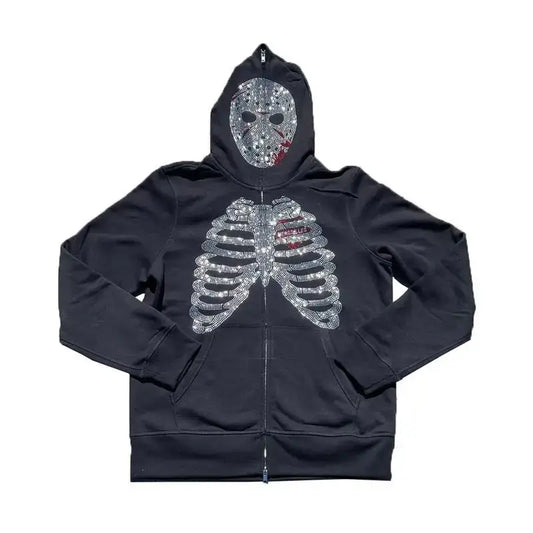 Black zip-up Skeleton Hoodie Y2K featuring a striking skeleton design on the front