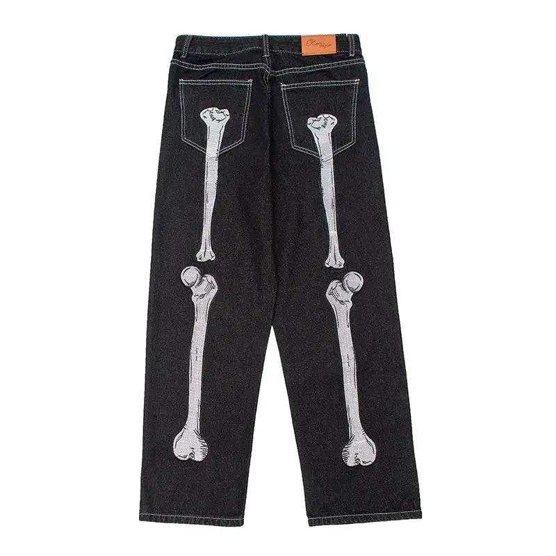 Black denim Skeleton Pants Jeans featuring white skeleton leg bone designs on the back