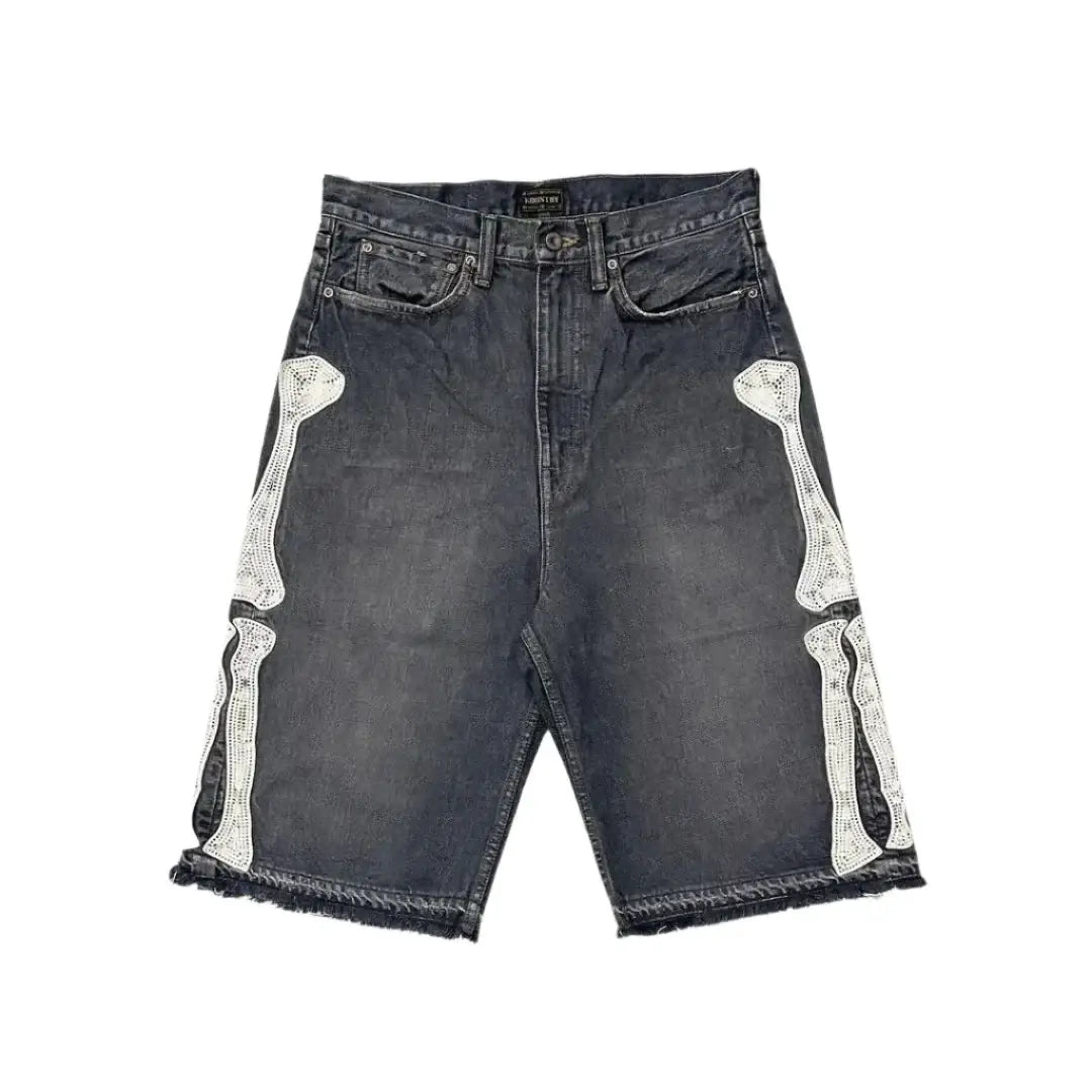 Dark denim Skeleton Shorts with white skeleton leg bones, perfect for a Y2K look day long