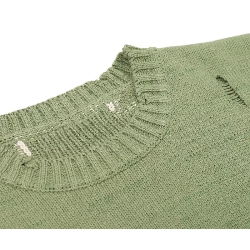 Green knitted collar of a Skeleton Sweater with ribbed neckline to turn heads