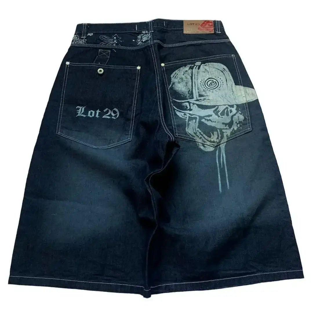 Dark denim Skull Graphic Jorts featuring a skull design on back pocket and Lot 29 embroidery