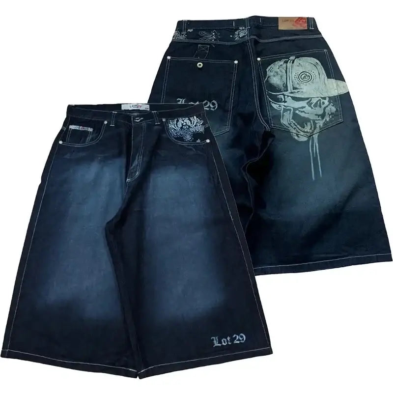 Two pairs of Skull Graphic Jorts with decorative designs in dark denim