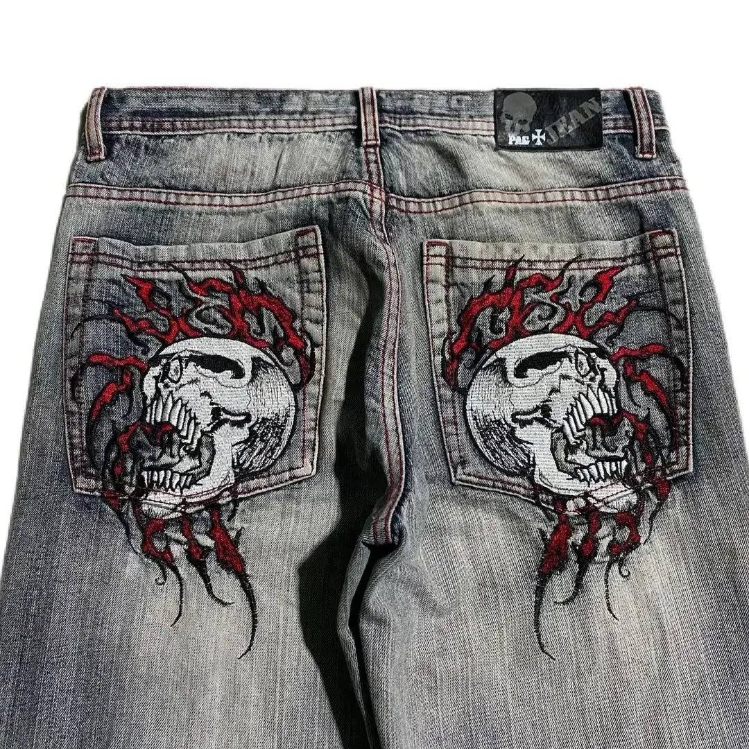 Skull Jeans in cotton denim with embroidered skull designs on back pockets