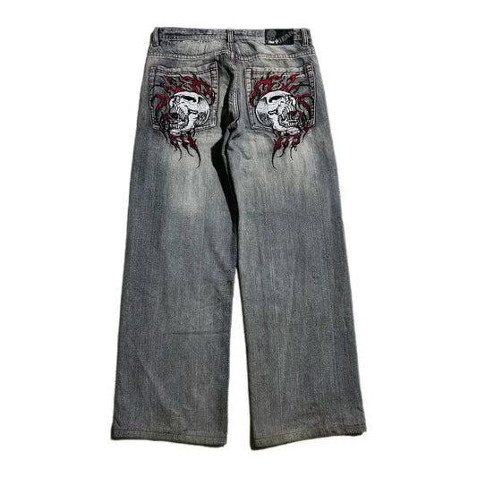 Faded gray Skull Jeans with skull designs embroidered on cotton denim pockets