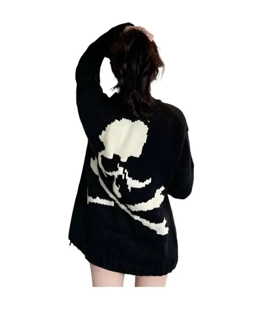 Black Skull Sweater with white skull and crossbones design for Y2K womens clothing