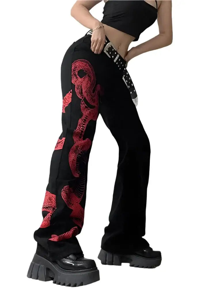 Black Snake Jeans featuring a red snake design, perfect for trendy Y2K fashion