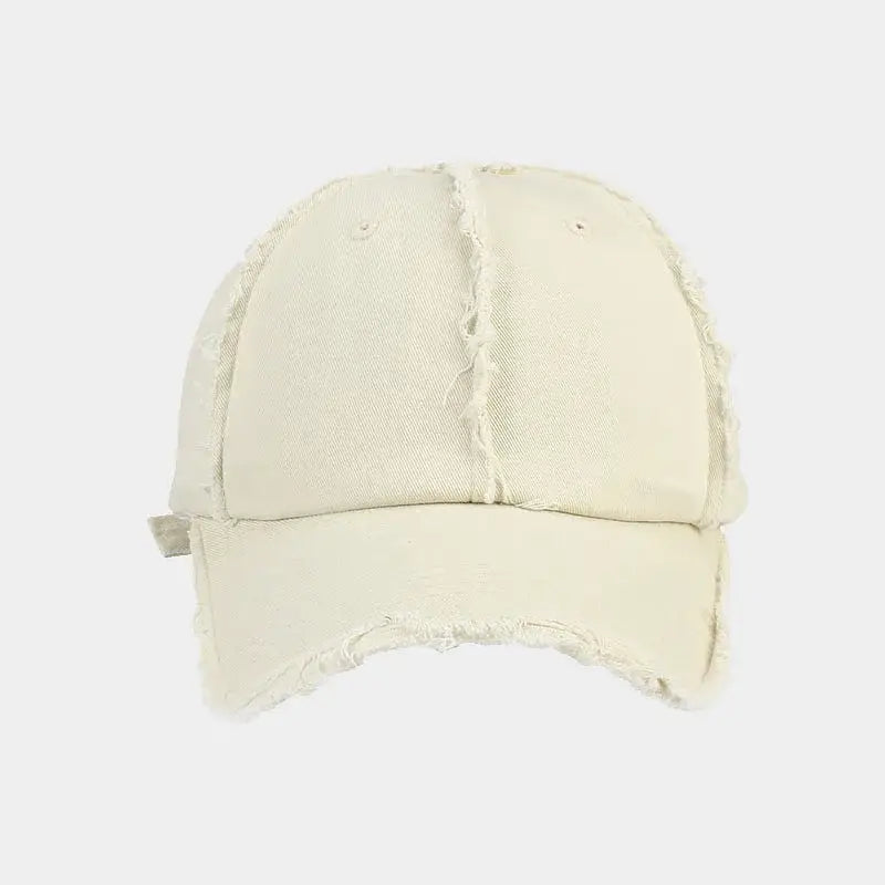 Distressed off-white snapback cap with frayed edges for a stylish Y2K look