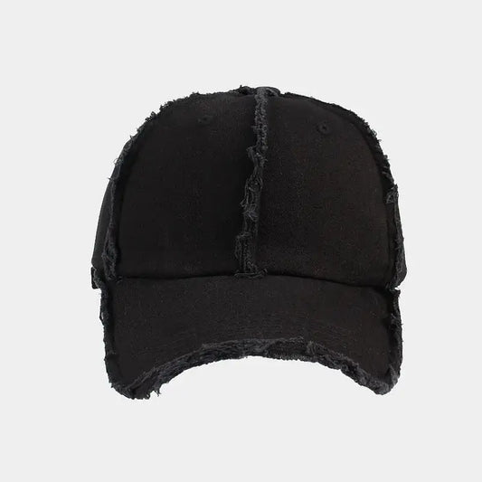 Black Snapback Cap with frayed edges and a distressed Y2K style for staying stylish