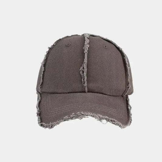 Distressed gray snapback cap with frayed edges for a stylish Y2K look