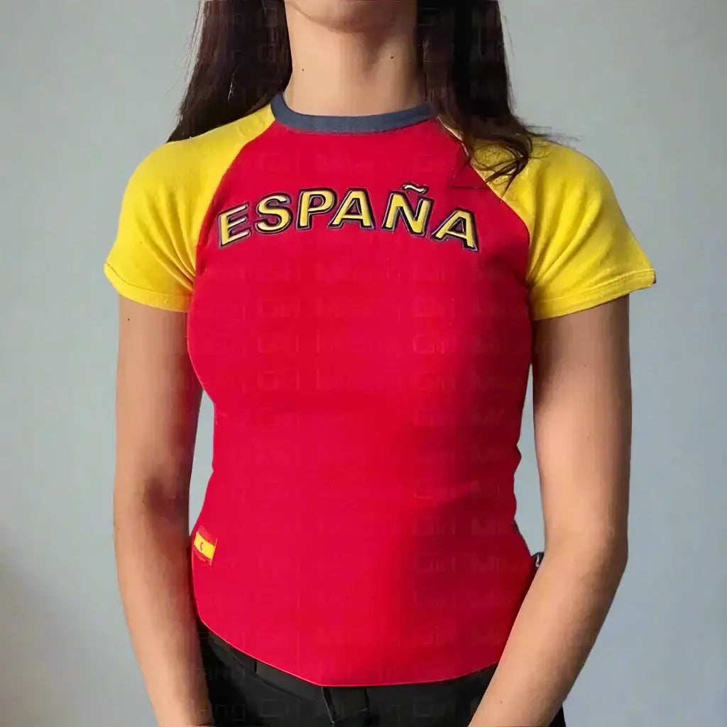 Spain Crop Top featuring a red body and yellow sleeves, perfect for Y2K style