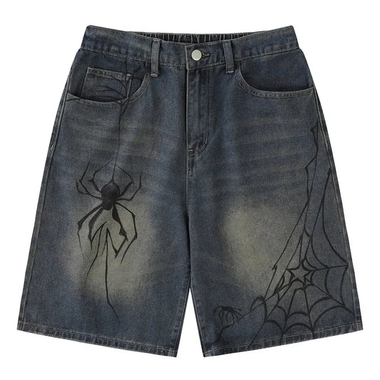 Faded denim Spider Web Shorts featuring unique spider and web designs