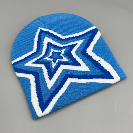 Blue knit Star Beanie featuring a trendy white star pattern for Y2K fashion