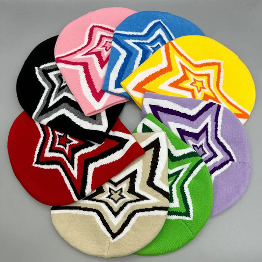 Colorful circular patches with star designs on a Star Beanie for Y2K fashion