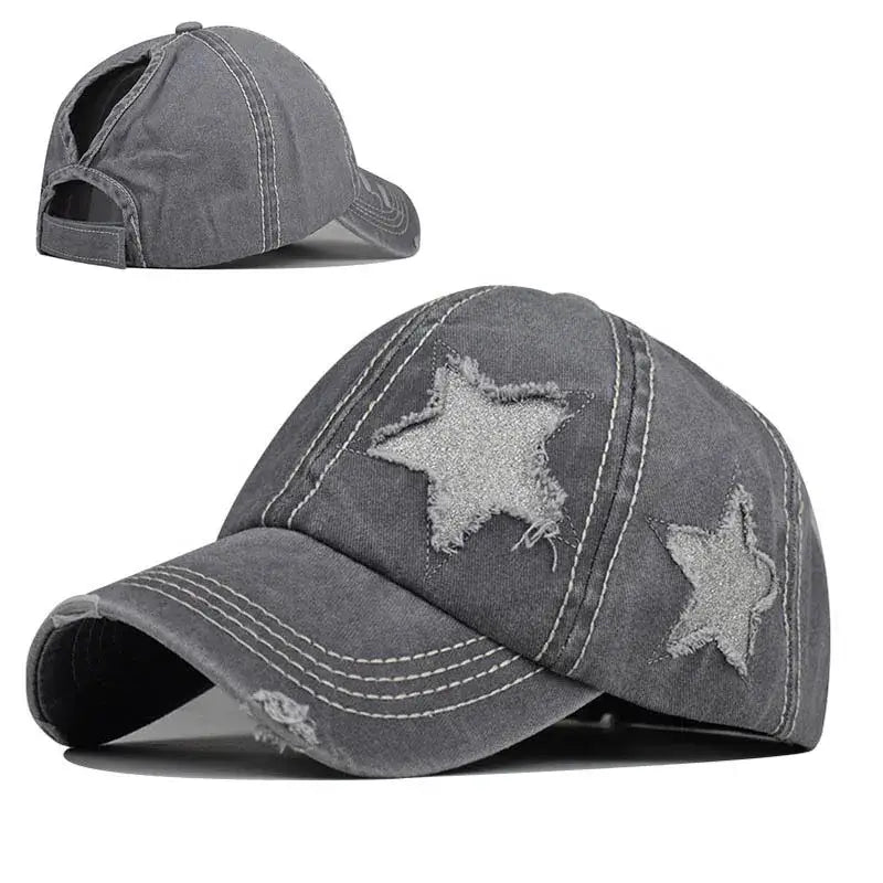 Gray baseball cap with distressed star patches, perfect for Y2K fashion enthusiasts