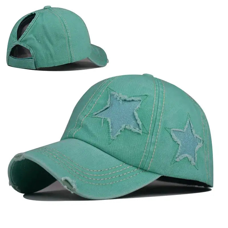 Mint green Star Cap with distressed star designs, perfect for Y2K fashion enthusiasts