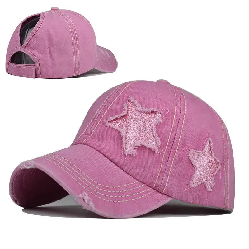 Pink Star Cap with glittery star appliques, perfect for Y2K style enthusiasts