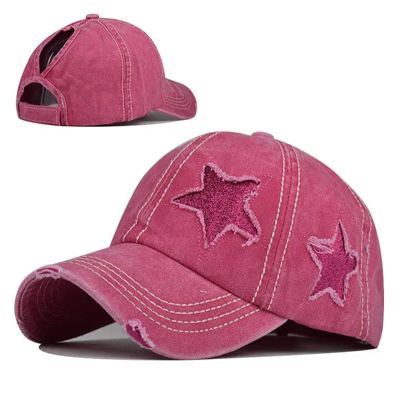 Pink Y2K Star Cap with distressed finish and star-shaped patches