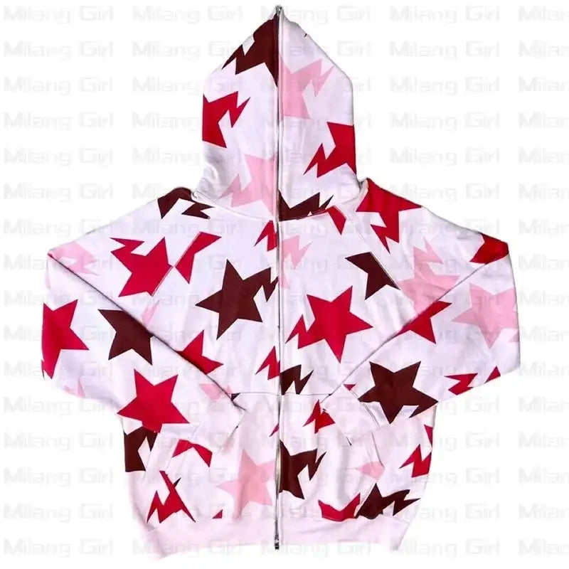 Hoodie Y2K with a vibrant star pattern in red, pink, and brown on white background